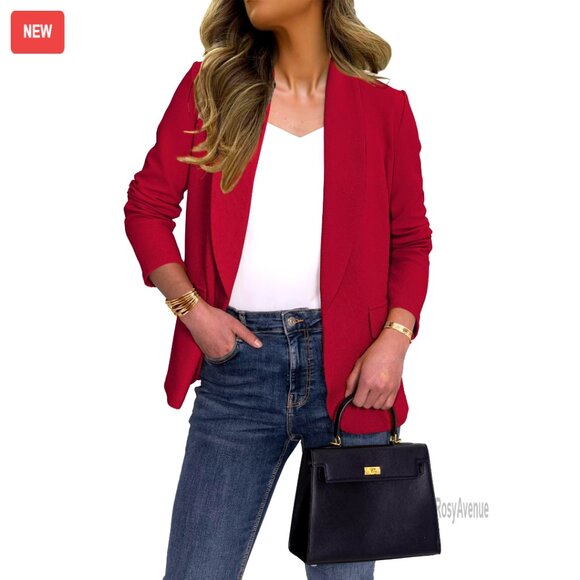Women's Blazer Lapel Collar Long Sleeve Open Front Work Office Jacket S-XL